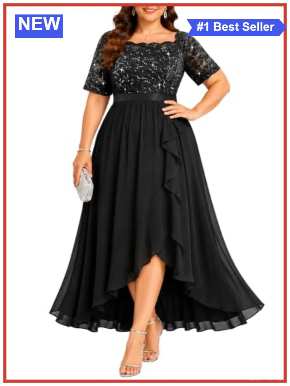 Plus Size Formal Evening Gown Sequin Lace Bodice Chiffon High Low Dress